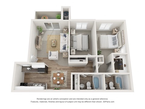 Floor plan for 2 beds, 2 baths, 869 sqft